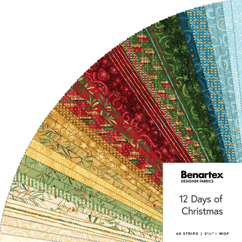A fanned fabric collage featuring Christmas themed fabrics from the 12 Days of Christmas Collection Collection by Nancy Halvorsen.