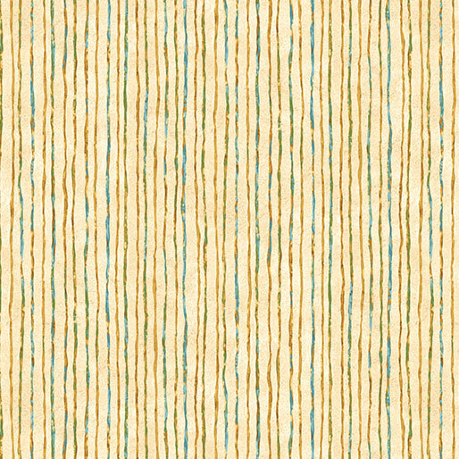 A mottled cream fabric with yellow, blue, and green grunge stripes. 