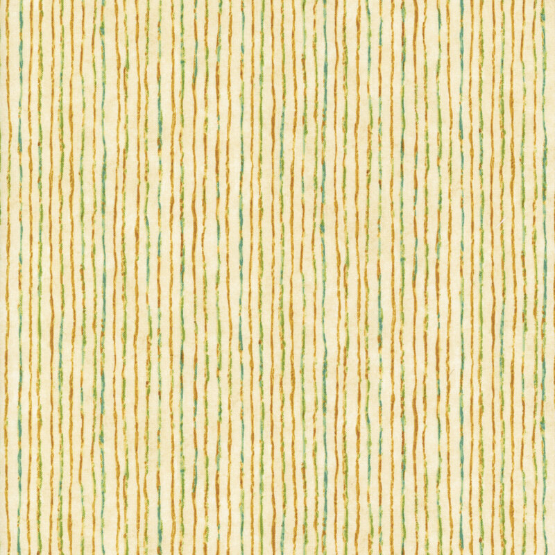 A mottled cream fabric with yellow, blue, and green grunge stripes. 