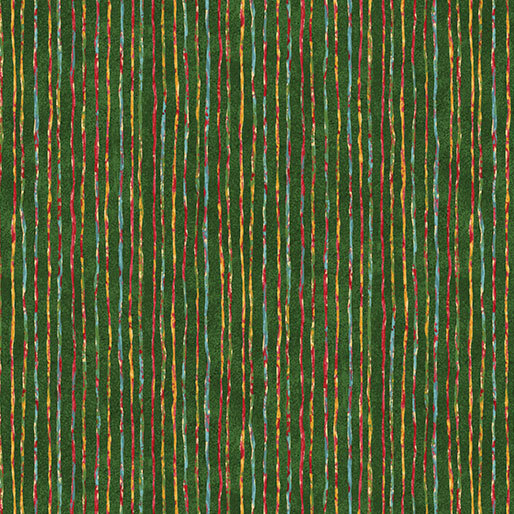 A mottled green fabric with yellow, blue, and red grunge stripes. 