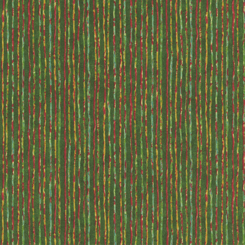 A mottled green fabric with yellow, blue, and red grunge stripes. 