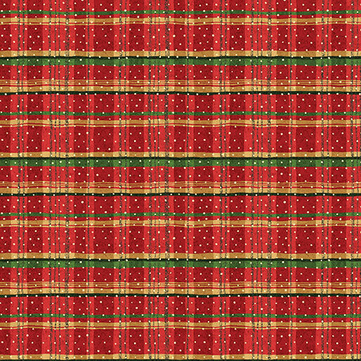 A red plaid with green and gold accents, scattered with small white polka dots.