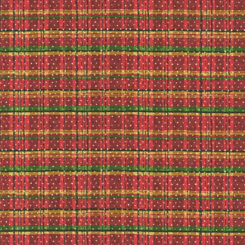 A red plaid with green and gold accents, scattered with small white polka dots.