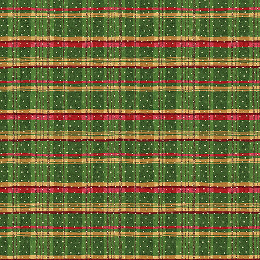 A green plaid with red and gold accents, scattered with small white polka dots.