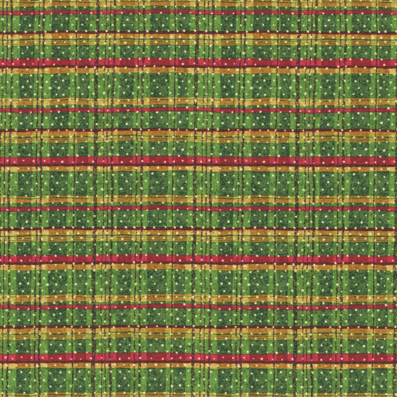 A green plaid with red and gold accents, scattered with small white polka dots.