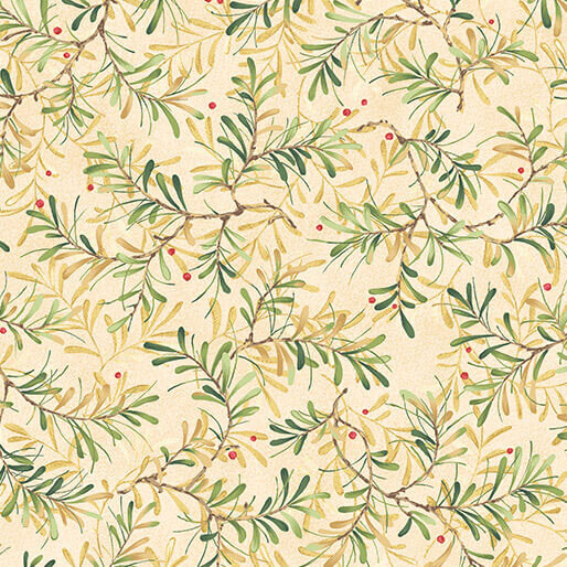 A cream fabric with tossed green pine sprigs and red berries.