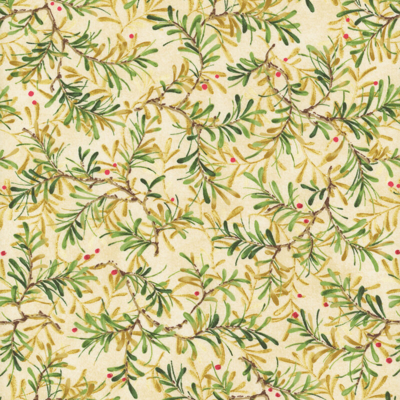 A cream fabric with tossed green pine sprigs and red berries.