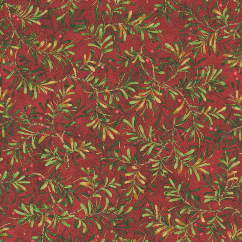 A red fabric with tossed green pine sprigs and red berries.