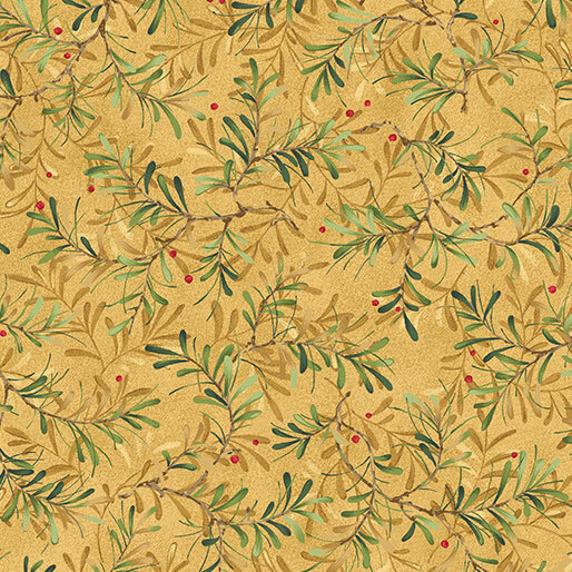 A gold fabric with tossed green pine sprigs and red berries.