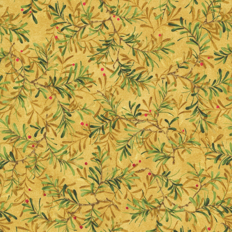 A gold fabric with tossed green pine sprigs and red berries.