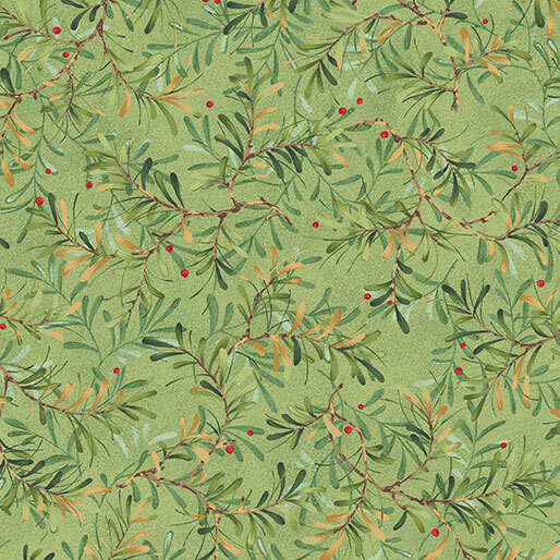 A light green fabric with tossed green pine sprigs and red berries.