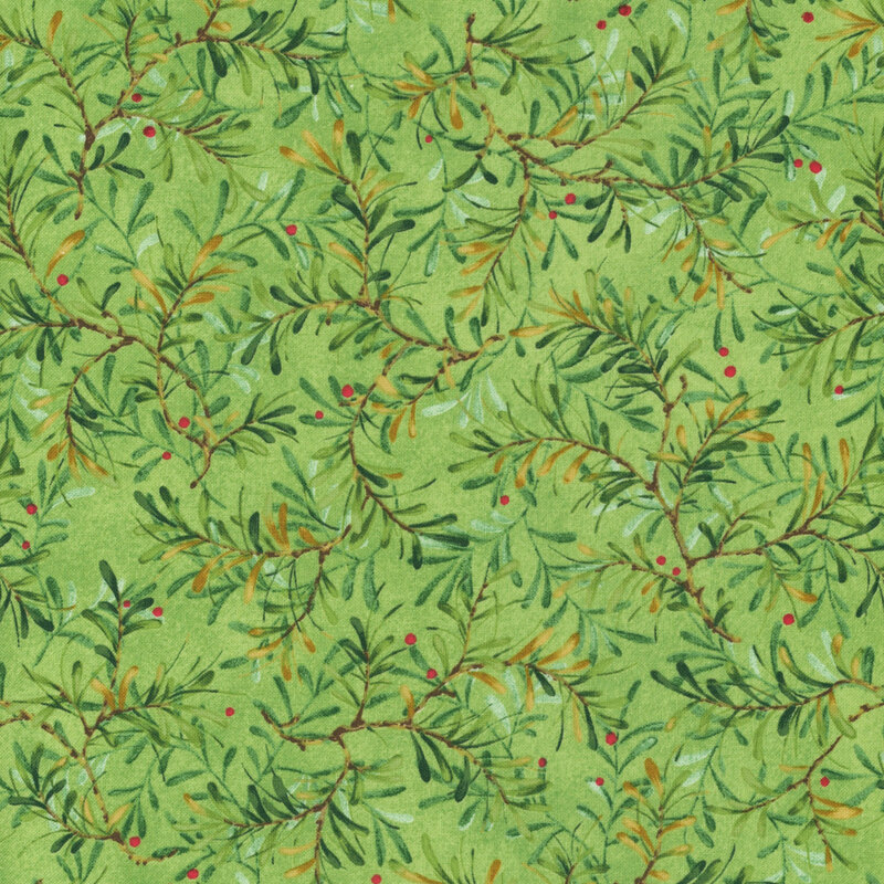 A light green fabric with tossed green pine sprigs and red berries.