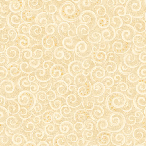 A cream fabric with packed swirls and dots of gold accents. 
