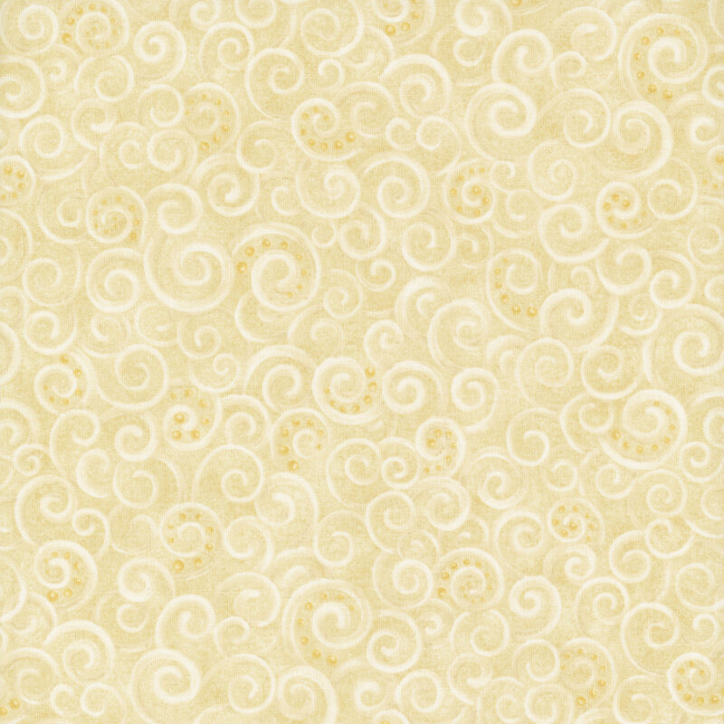 A cream fabric with packed swirls and dots of gold accents. 