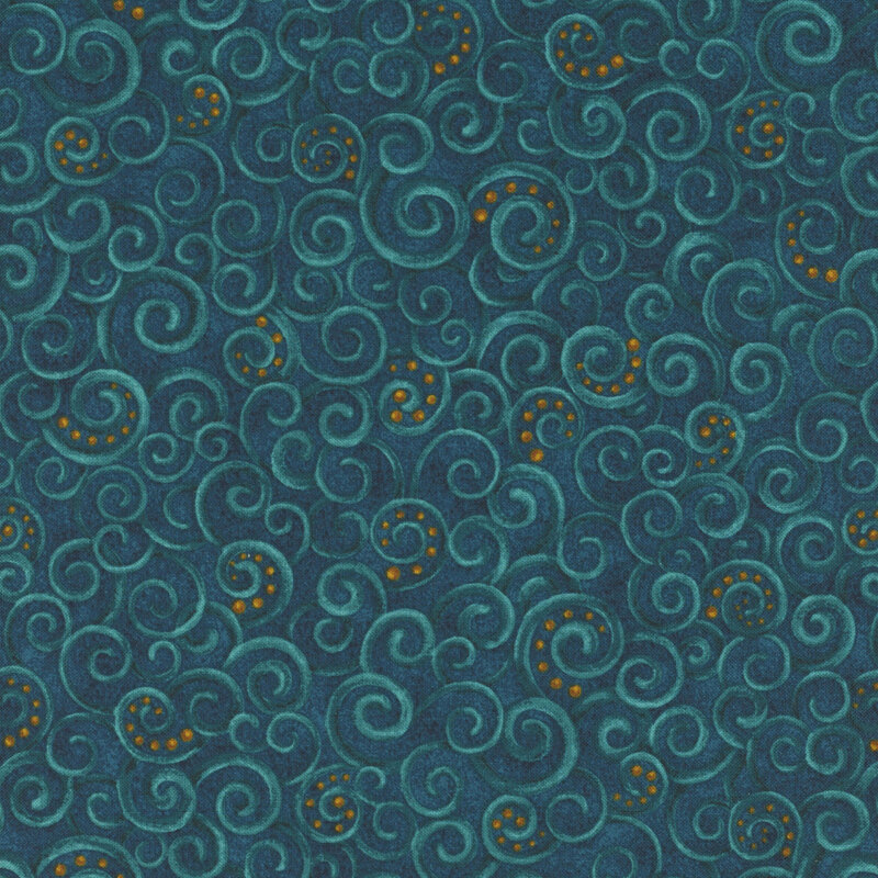 A dark teal blue fabric with packed swirls and dots of gold accents. 