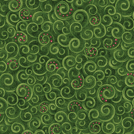 A green fabric with packed swirls and dots of red accents. 