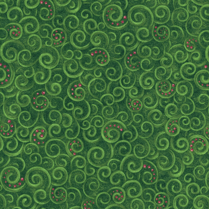 A green fabric with packed swirls and dots of red accents. 