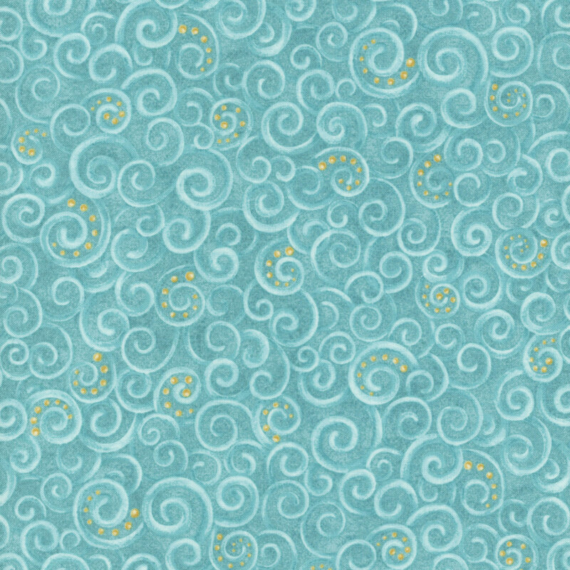A ice blue fabric with packed swirls and dots of gold accents. 