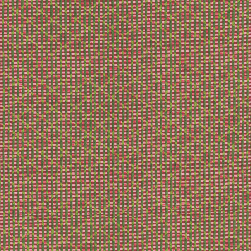 A red fabric with green vertical and horizontal stripes overlaid with a lattice pattern. 