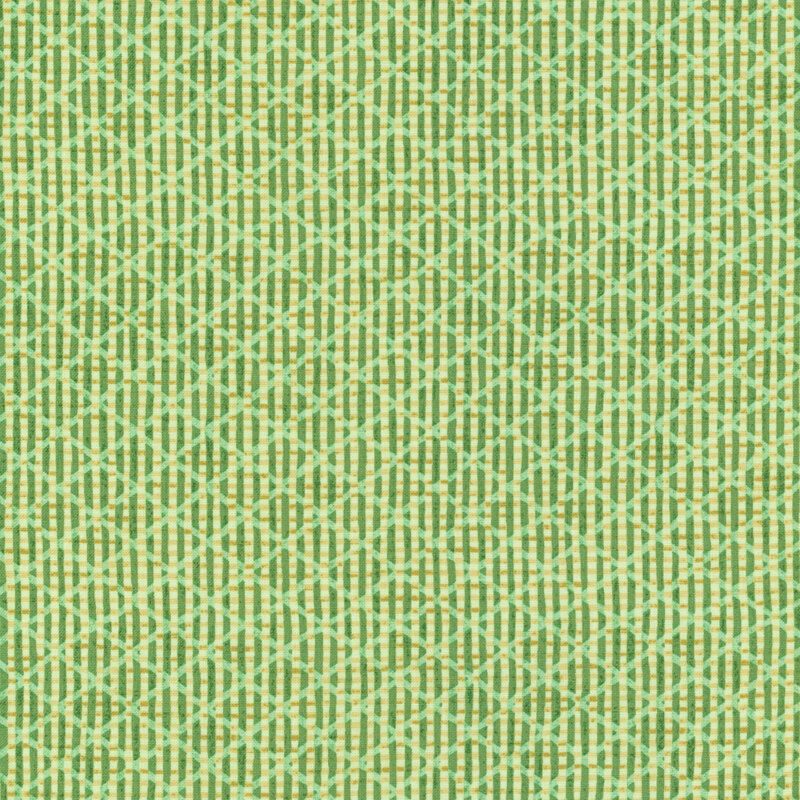 A light green fabric with green vertical and horizontal stripes overlaid with a light teal lattice pattern. 