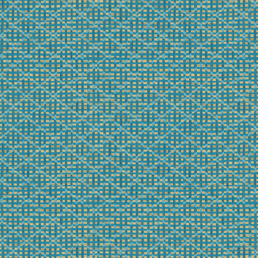 A teal blue fabric with yellow vertical and horizontal stripes overlaid with a light teal lattice pattern. 