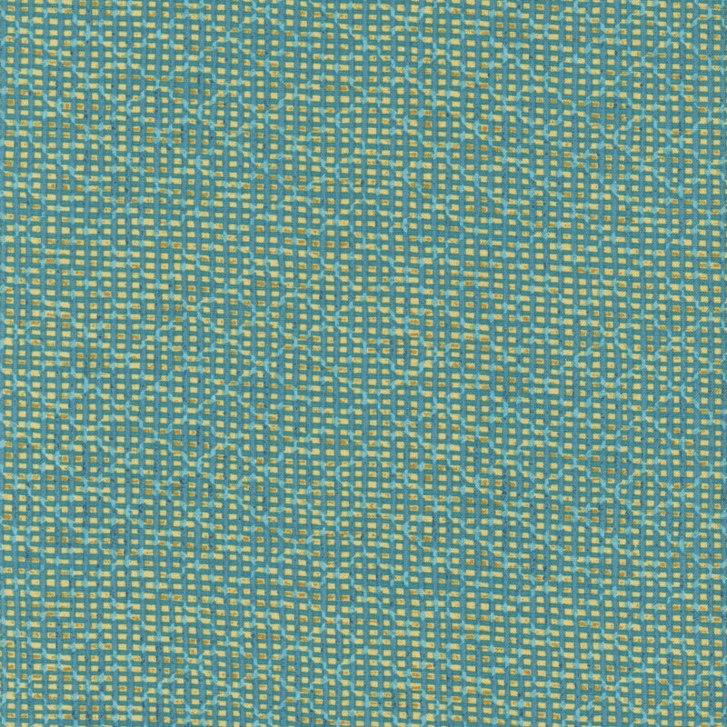 A teal blue fabric with yellow vertical and horizontal stripes overlaid with a light teal lattice pattern. 