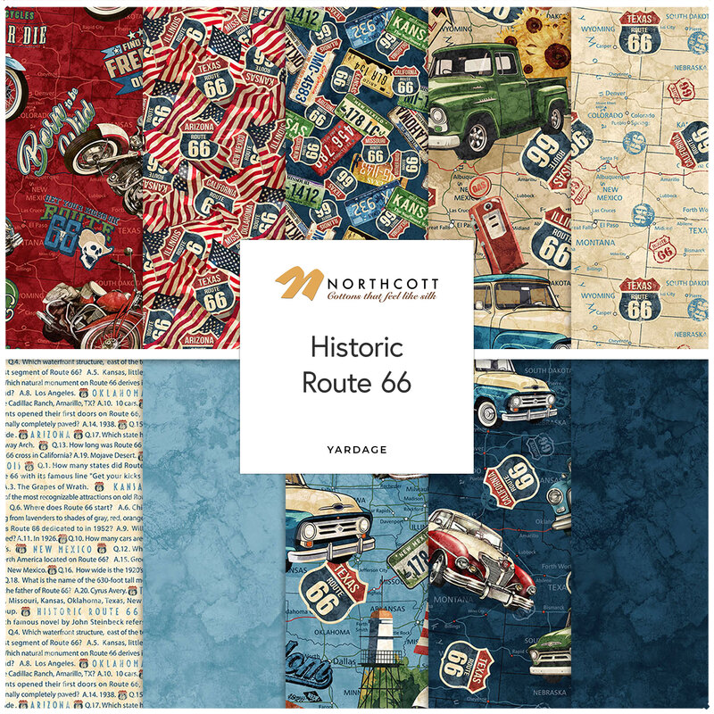 Collage of fabrics in the collection that celebrate Route 66 in red, tan, and blue with vintage vehicles, maps, American flags, and more.