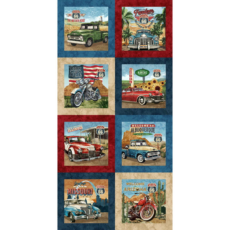 Running yardage with 8 blocks repeating, each representing a state on Route 66, with automobiles, motorcycles, and Americana motifs with navy blue, tan, and crimson borders. 