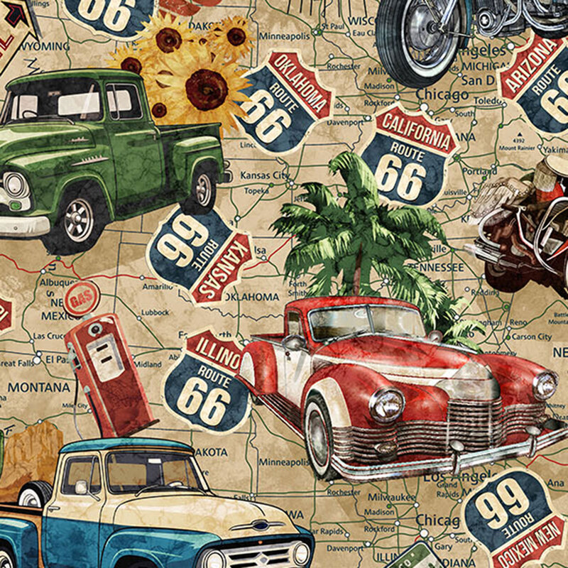 Map design on textured tan fabric with a tossed pattern of vintage cars, trucks, and motorcycles, highway signs, and Americana motifs