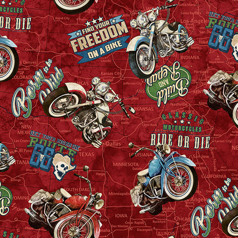Tonal map design on textured crimson fabric with a tossed pattern of vintage motorcycles, and various phrases including "Born to be Wild" and "Get your Kicks on Route 66"