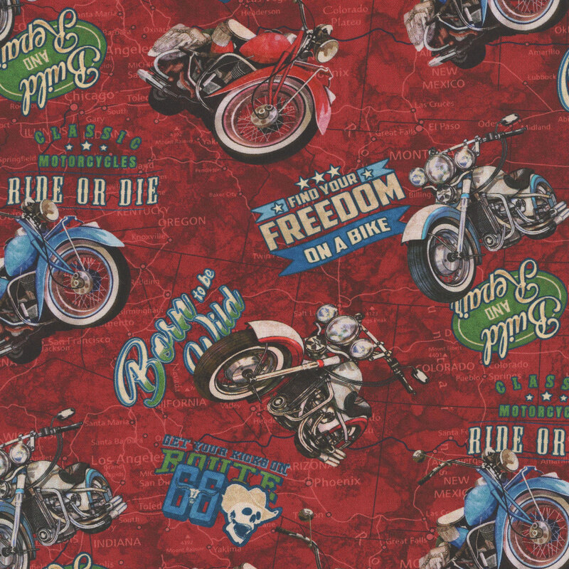 Map design on crimson fabric with a tossed pattern of vintage motorcycles, and various phrases including "Born to be Wild" and "Get your Kicks on Route 66"