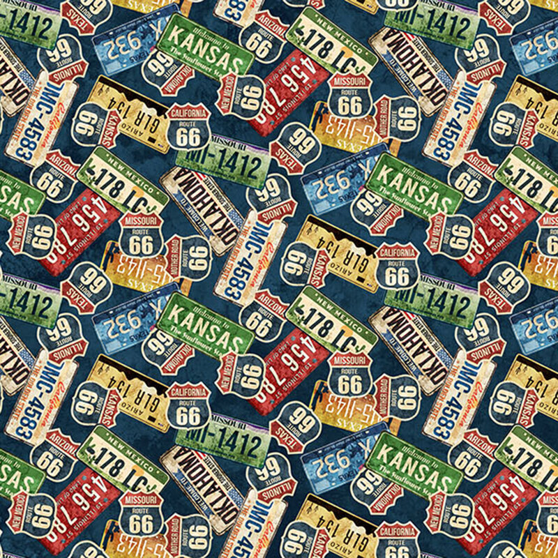 Dense pattern of license plates and highway signs from Route 66 on a textured navy blue background.