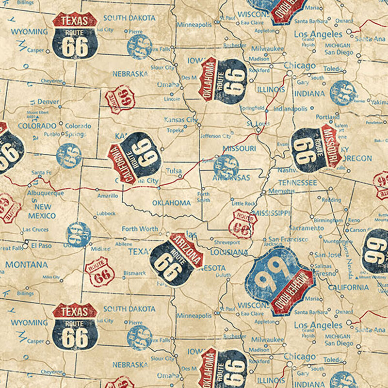Map design on light tan textured fabric with a tossed pattern Route 66 highway signs