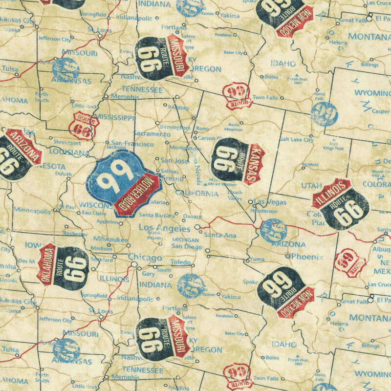 Map design on light tan textured fabric with a tossed pattern Route 66 highway signs