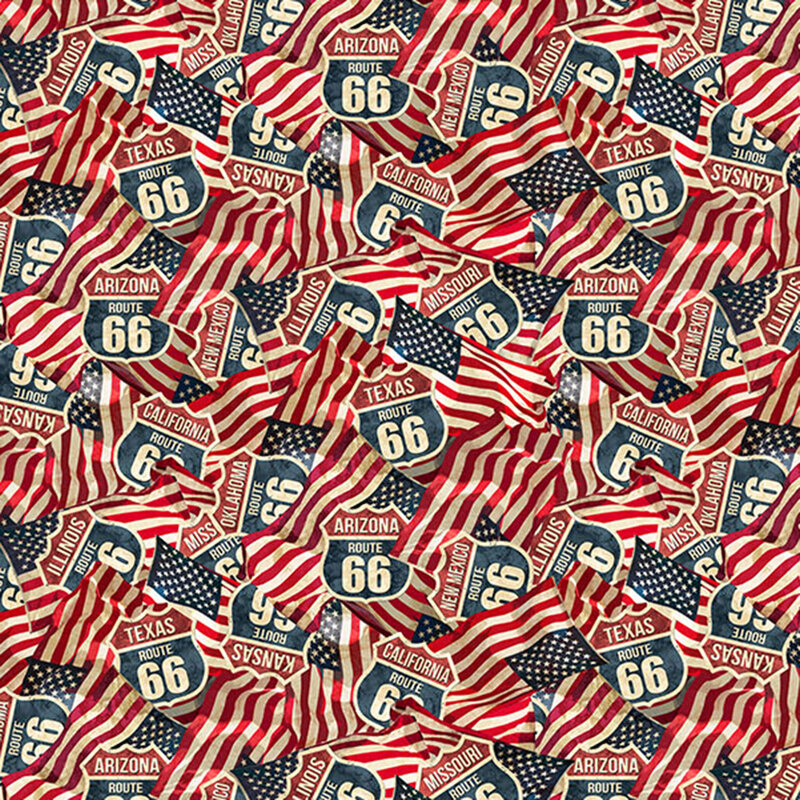 Fabric with layered American flags and Route 66 highway signs