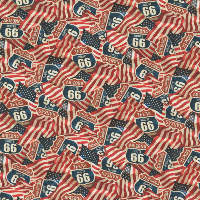 Fabric with layered American flags and Route 66 highway signs