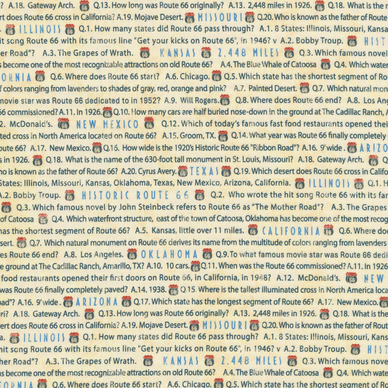A mottled cream fabric with lines of navy blue text which includes trivia about the Historic Route 66 and small highway signs