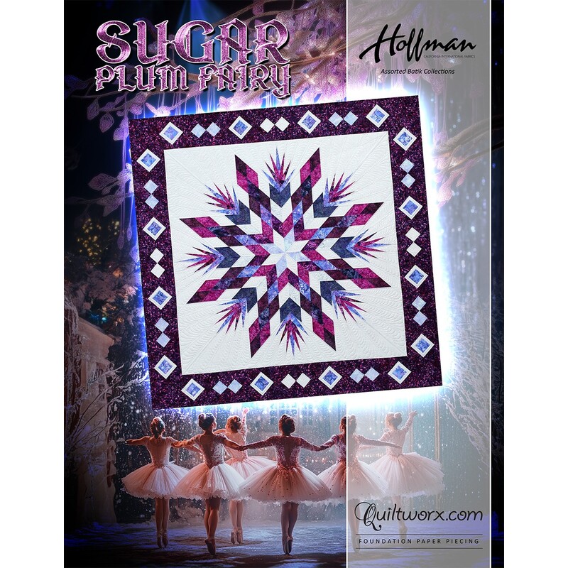 A quilt titled Sugar Plum Fairy features a vibrant star design in purple and blue, with dancers in tutus below.