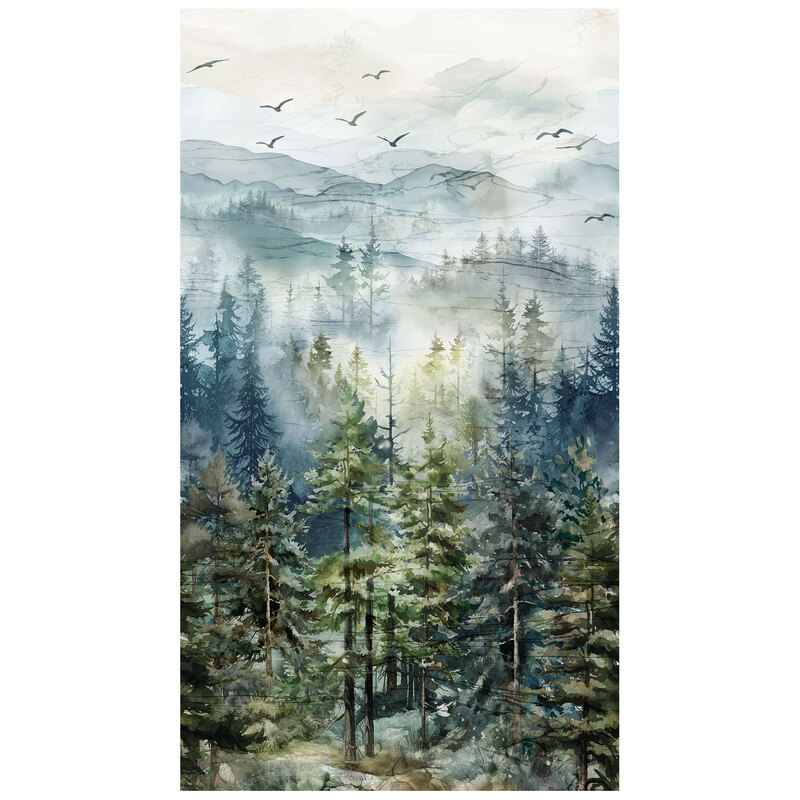 Extra-wide fabric featuring a misty mountain scene, evergreen trees, and birds soaring overhead.