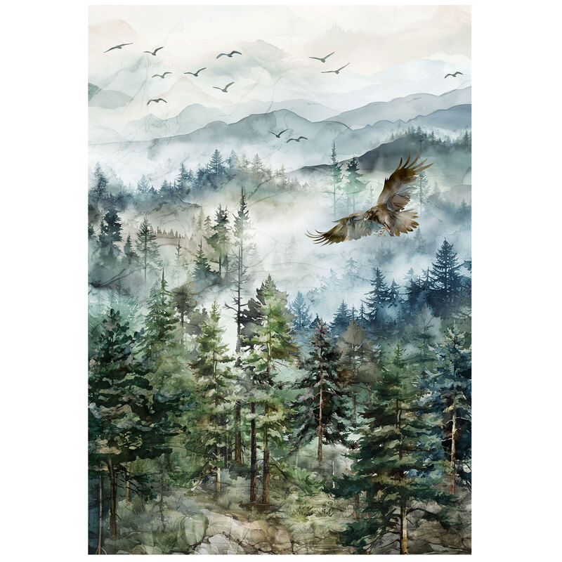 Panel fabric featuring a misty mountain landscape, evergreen trees, and soaring birds.