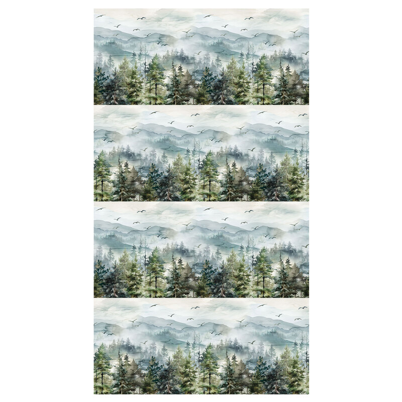 Border stripe fabric featuring a misty mountain landscape, evergreen trees, and soaring birds.