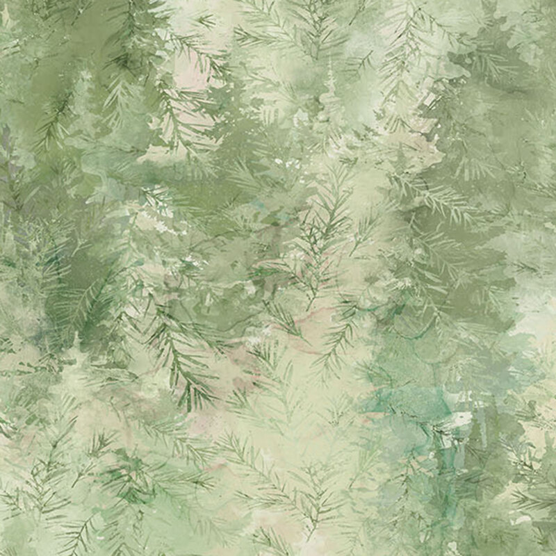 Mottled, watercolor xanadu green fabric featuring trees, leaves, and sprigs.