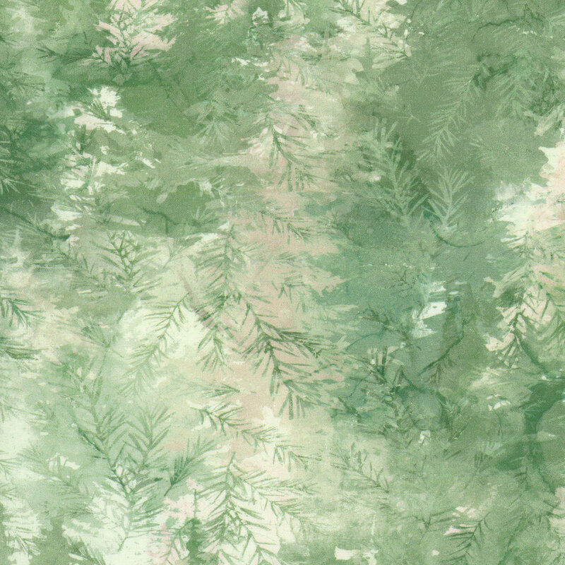 Mottled, watercolor xanadu green fabric featuring trees, leaves, and sprigs.