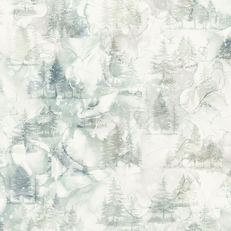Off-white watercolor fabric with faint evergreen groves.