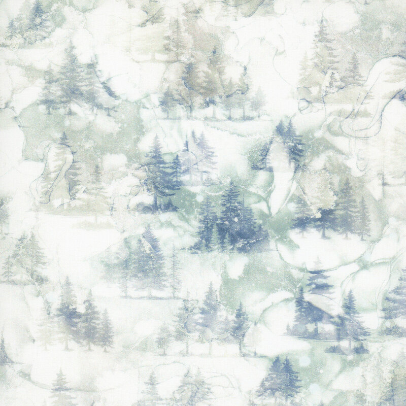 Off-white watercolor fabric with faint evergreen groves.
