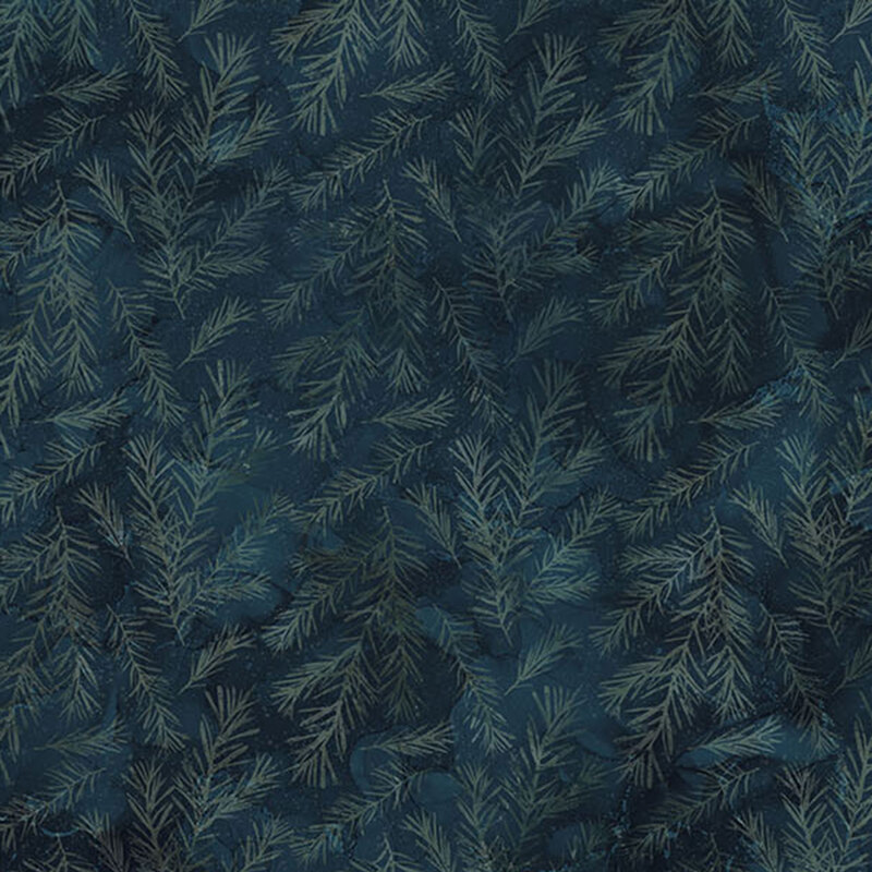 Mottled, navy fabric featuring pine sprigs.