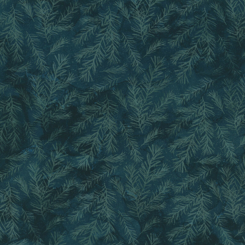 Mottled, navy fabric featuring pine sprigs.