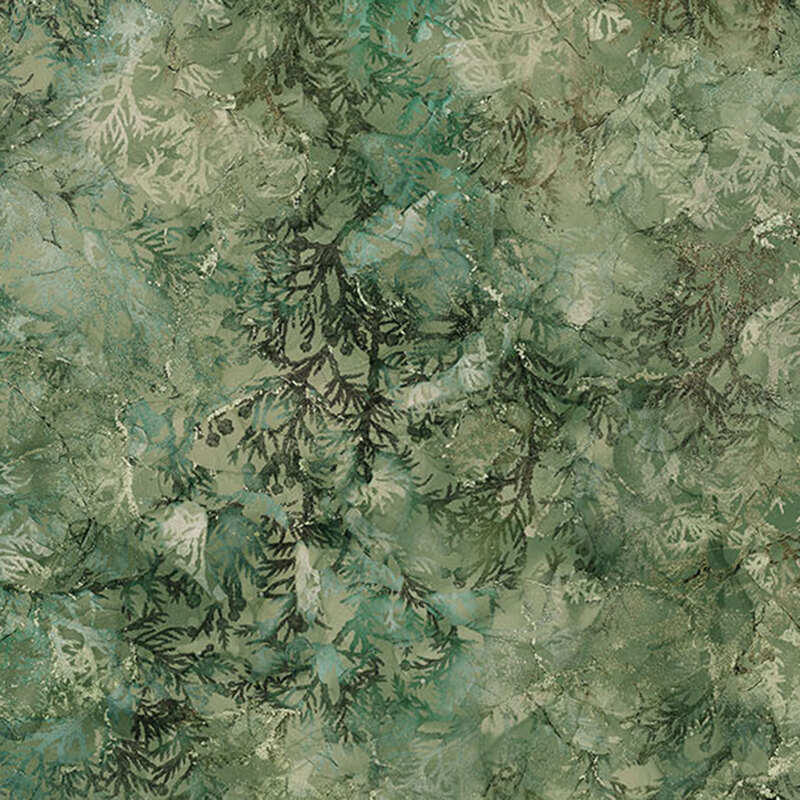 Mottled, watercolor pine green fabric featuring trees, leaves, and sprigs.