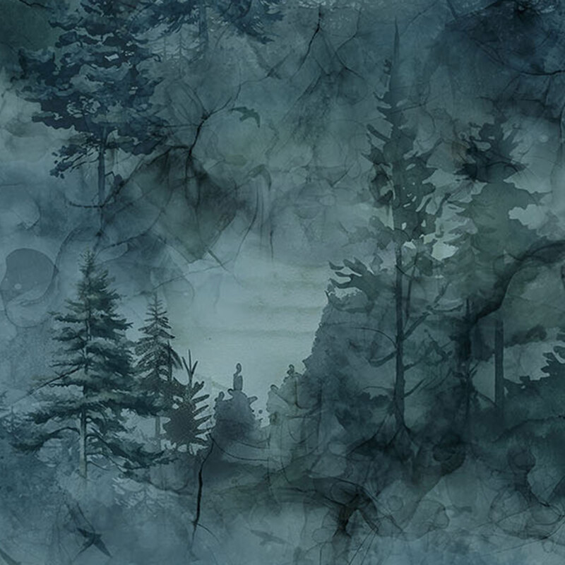 Mottled, indigo blue fabric featuring a mosaic of evergreen groves behind watercolor textures.