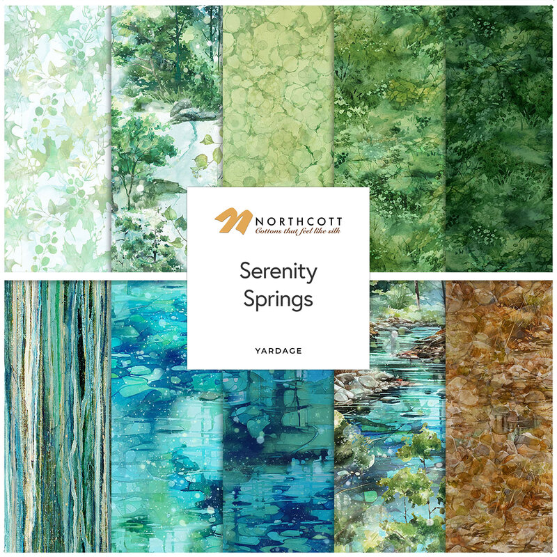 A collage of fabrics included in the Serenity Springs collection with green, teal, and brown watercolor fabrics with an outdoors theme.